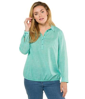ULLA POPKEN blouse avec imprimé à pois et ourlet élastique turquoise NEW