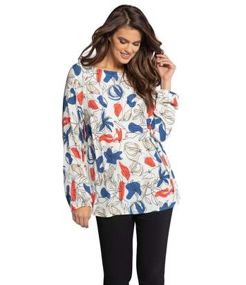 ULLA POPKEN Tunique fleurie encolure carmen manches longues blanc NEUF
