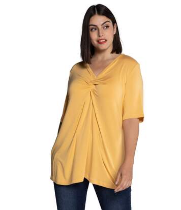 ULLA POPKEN T-Shirt drapé col V modal piqué demi-manches jaune maïs