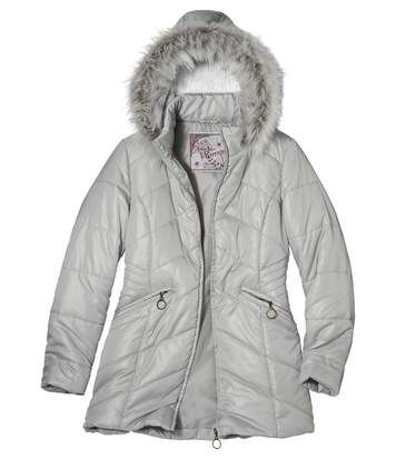 women's grey coat with fur hood