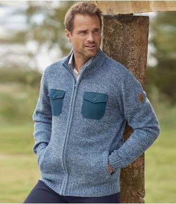 Modrý melírovaný pletený sveter na zips